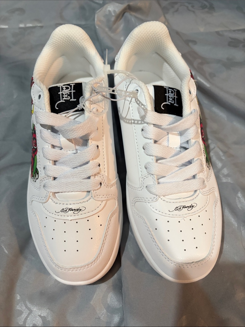 Ed Hardy White Leather Sneakers with Red Rose & Green Leaf Embroidery
